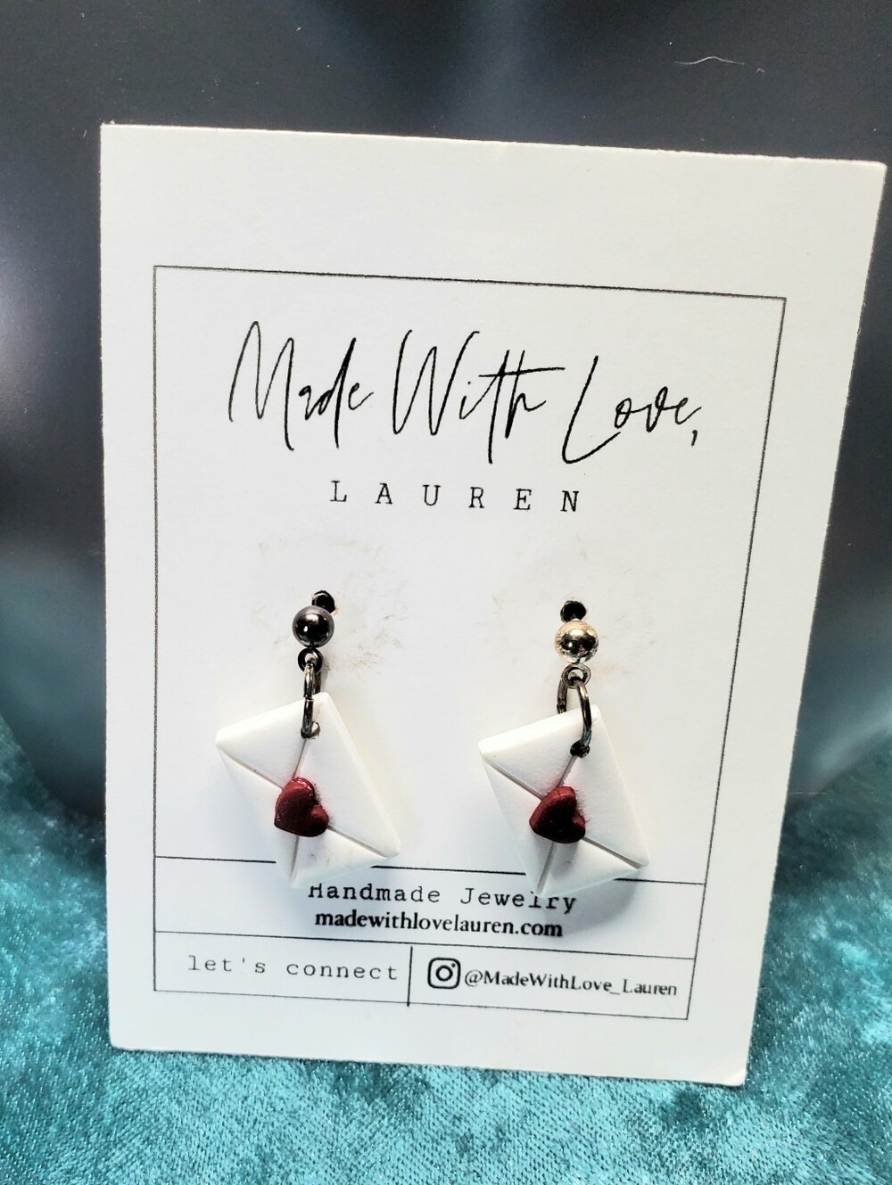 Made With Love, Lauren White Envelope Earrings with Red Heart